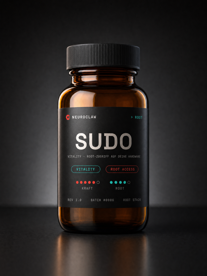 SUDO — NEUROCLAW Vitalitäts-Stack im Apothekerglas, Root-Zugriff auf deine Hardware