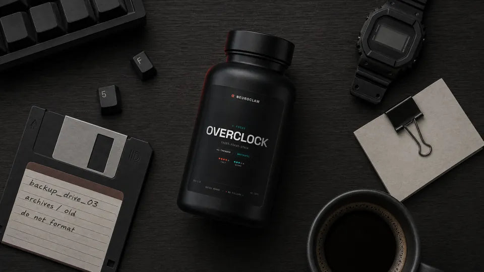 Flatlay — OVERCLOCK, Notizbuch, Kapseln