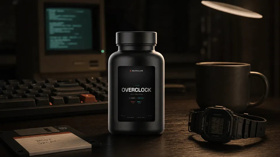 OVERCLOCK auf einem Entwickler-Schreibtisch — mechanische Tastatur, ruhiges Licht